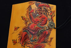 Handmade biker wallet yellow color carved thunder god leather long wallet for men