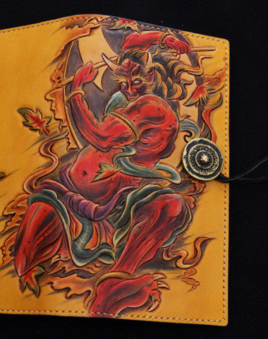 Handmade biker wallet yellow color carved thunder god leather long wallet for men - EverHandmade
