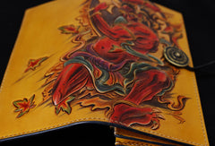 Handmade biker wallet yellow color carved thunder god leather long wallet for men - EverHandmade