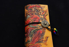 Handmade biker wallet yellow color carved thunder god leather long wallet for men