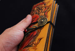 Handmade biker wallet yellow color carved thunder god leather long wallet for men - EverHandmade