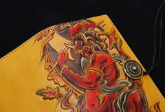 Handmade biker wallet yellow color carved thunder god leather long wallet for men - EverHandmade