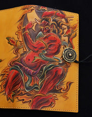 Handmade biker wallet yellow color carved thunder god leather long wallet for men - EverHandmade