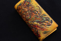 Handmade biker wallet yellow color carved Dance Tonlion leather long wallet for men