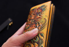 Handmade biker wallet yellow color carved Dance Tonlion leather long wallet for men