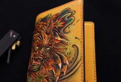 Handmade biker wallet yellow color carved Dance Tonlion leather long wallet for men