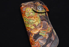 Handmade biker wallet black color carved dragon thunder god leather long wallet for men