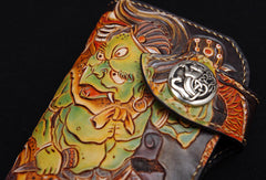 Handmade biker wallet black color carved dragon thunder god leather long wallet for men