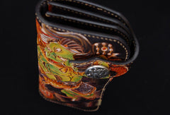 Handmade biker wallet black color carved dragon thunder god leather long wallet for men