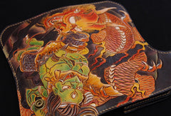 Handmade biker wallet black color carved dragon thunder god leather long wallet for men