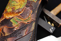 Handmade biker wallet black color carved dragon thunder god leather long wallet for men