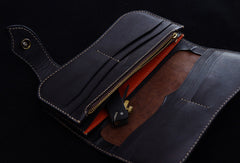 Handmade biker wallet black color carved dragon thunder god leather long wallet for men
