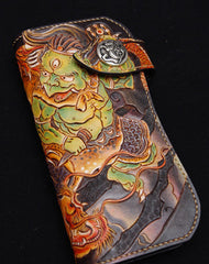Handmade biker wallet black color carved dragon thunder god leather long wallet for men