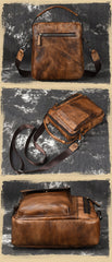 Vintage Brown Leather Men's Small Side Bag Vertical Business Messenger Bag Courier Bag For Men