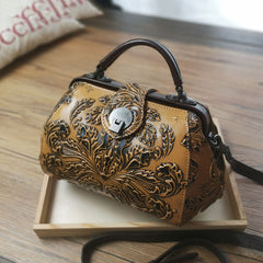 Handamde Womens Black Leather Doctor Handbag Purses Floral Black Doctor Crossbody Purse for Women