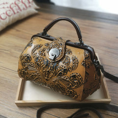 Handamde Womens Black Leather Doctor Handbag Purses Floral Black Doctor Crossbody Purse for Women