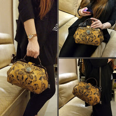 Handamde Womens Black Leather Doctor Handbag Purses Floral Black Doctor Crossbody Purse for Women