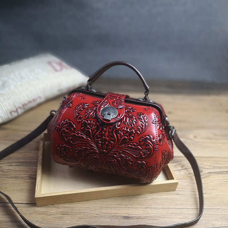 Handamde Womens Red Leather Doctor Handbag Purses Floral Red Doctor Crossbody Purse for Women