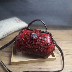 Handamde Womens Black Leather Doctor Handbag Purses Floral Black Doctor Crossbody Purse for Women