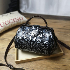 Handamde Womens Black Leather Doctor Handbag Purses Floral Black Doctor Crossbody Purse for Women