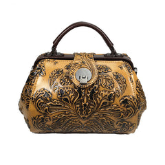 Handamde Womens Red Leather Doctor Handbag Purses Floral Red Doctor Crossbody Purse for Women