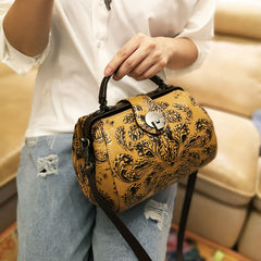Handamde Womens Black Leather Doctor Handbag Purses Floral Black Doctor Crossbody Purse for Women