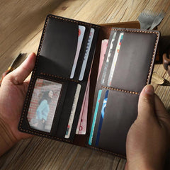 Handmade Coffee Leather Mens Bifold Long Wallet Personalized Coffee Checkbook Wallets for Men