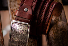 Handmade Custom personalized floral Leather men brown black coffee belt - EverHandmade