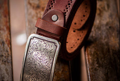 Handmade Custom personalized floral Leather men brown black coffee belt - EverHandmade