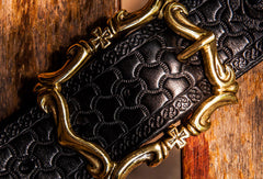 Handmade floral gift Leather tooled men vintage black belt