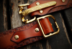 Handmade adjustable cavalry gift Leather tooled men brown black belt - EverHandmade