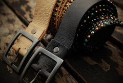 Handmade Custom personalized punk rivet Leather men beige black white belt - EverHandmade