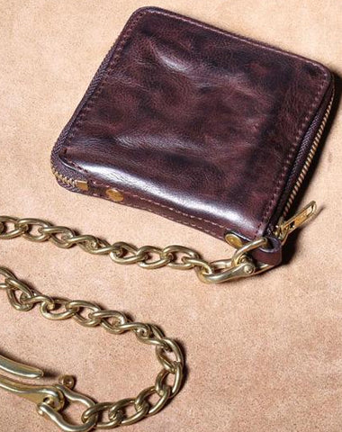 Handmade Genuine Leather Mens Chain Biker Wallet Cool Zipper Leather Wallet Bifold billfold Wallets