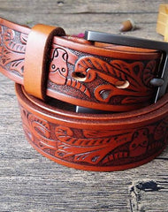 Handmade Genuine Leather Tooled Floral Mens Leather Men Belt for Men Cool Leather Belt