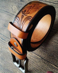 Handmade Genuine Leather Tooled Garden Tulip Mens Leather Men Belt for Men Cool Leather Belt