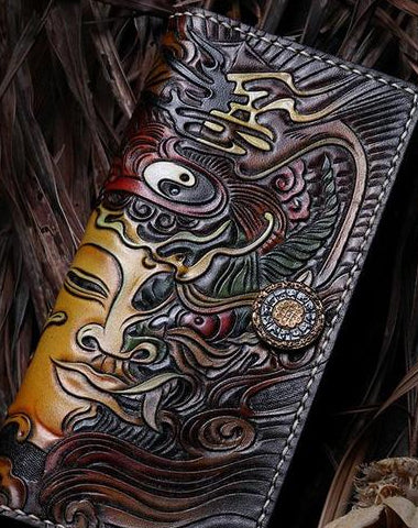 Handmade Leather Buddha&Demon Mens Biker Chain Wallet Cool Leather Wallet With Chain Wallets for Men