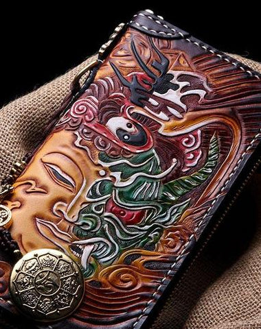 Handmade Leather Buddha&Demon Mens Tooled Chain Biker Wallet Cool Leather Long Wallet With Chain Wallets for Men