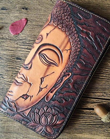 Handmade Leather Buddha&Demon Tooled Mens Long Wallet Cool Leather Wallet Clutch Wallet for Men