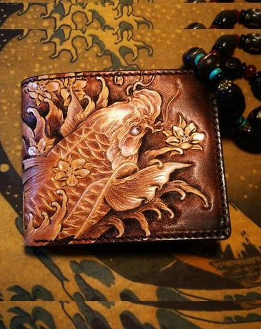 Handmade Leather Carp Fish Tooled Mens billfold Wallet Cool Leather Wallet Slim Wallet for Men