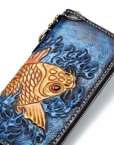 Handmade Leather Carp Mens Chain Biker Wallet Cool Leather Long Wallet for Men