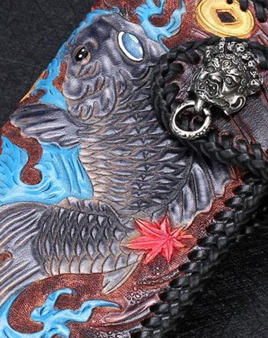 Handmade Leather Carp Mens Chain Biker Wallet Cool Leather Wallet With Chain Wallets for Men