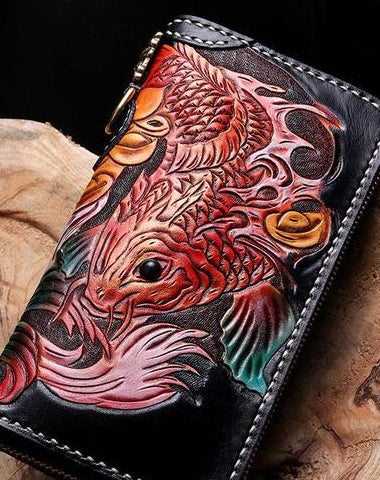 Cool Leather Tooled Carp Mens Biker Chain Wallets Long Leather Biker Wallet With Chain Wallets for Men