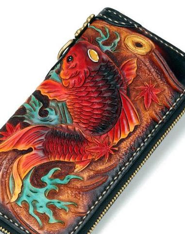 Handmade Leather Carp Mens Zipper Biker Wallet Cool Leather Chain Wallet Long Tooled Wallets for Men