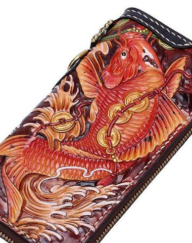 Handmade Leather Carp Mens Zipper Biker Wallet Cool Leather Chain Wallets Long Tooled Wallets for Men