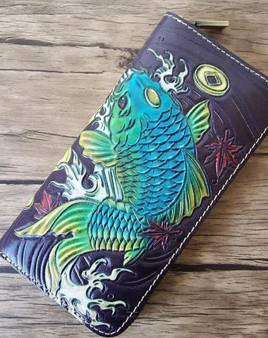 Handmade Leather Carp Tooled Mens Long Wallet Cool Leather Wallet Clutch Wallet for Men