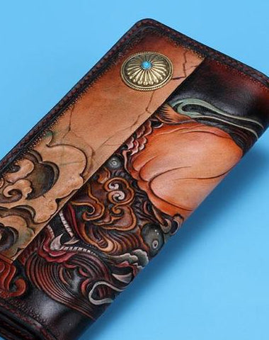 Handmade Leather Chinese Lion Mens Tooled Chain Biker Wallet Cool Long Leather Wallet With Chain Wallets for Men