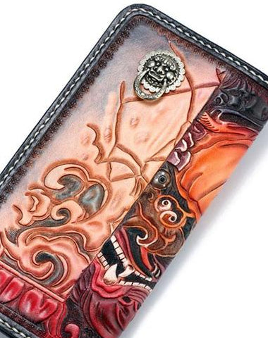 Handmade Leather Chinese Lion Mens Tooled Chain Biker Wallets Cool Long Leather Wallet With Chain Wallets for Men