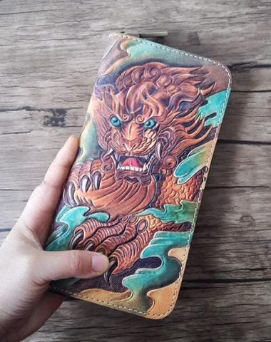 Handmade Leather Chinese Lion Tooled Mens Long Wallet Cool Leather Wallet Clutch Wallet for Men