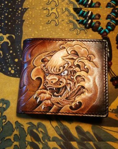 Handmade Leather Chinese Lion Tooled Mens billfold Wallet Cool Leather Wallet Slim Wallet for Men