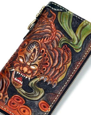 Handmade Leather Fortune Pixiu Mens Chain Biker Wallet Cool Leather Wallet With Chain Wallets for Men